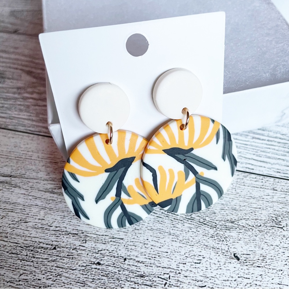 Yellow Green White floral earring floral polymer clay earrings dangle earrings